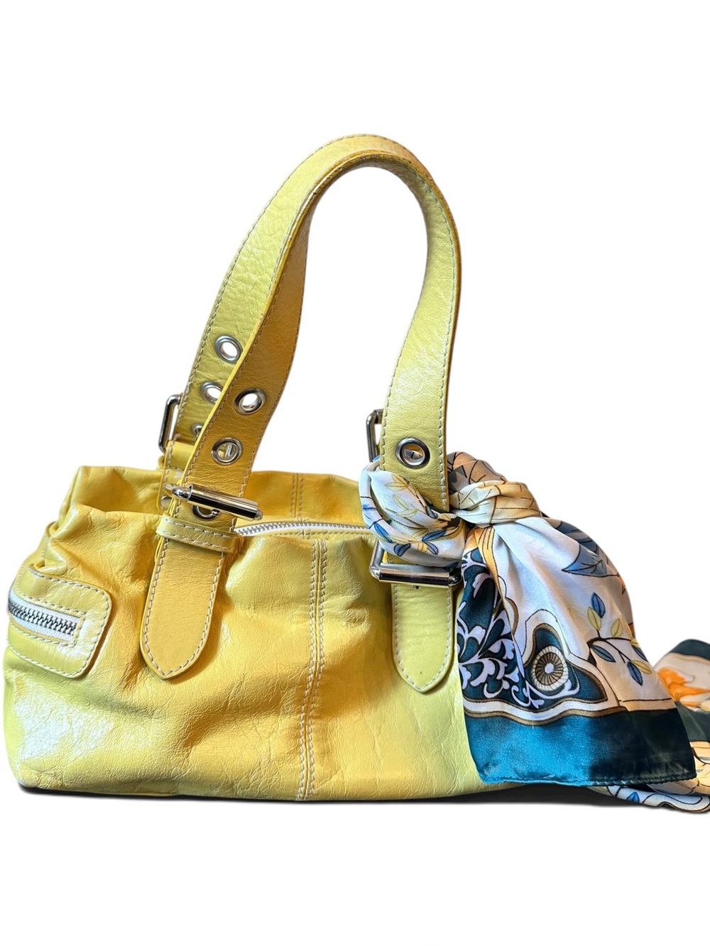 Francesco Biasia Yellow Leather Shoulder Bag with Patterned Scarf